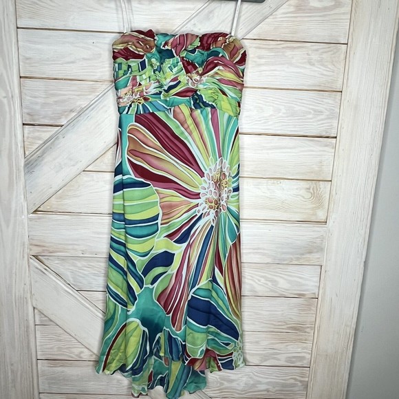 David Meister Strapless Psychedelic Green Floral Ruched Mid Calf Maxi Dress - Picture 4 of 6